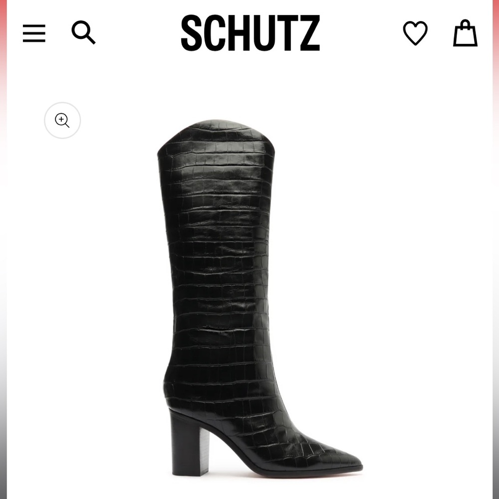 SCHUTZ Black Croc-Embossed Leather Knee Boots